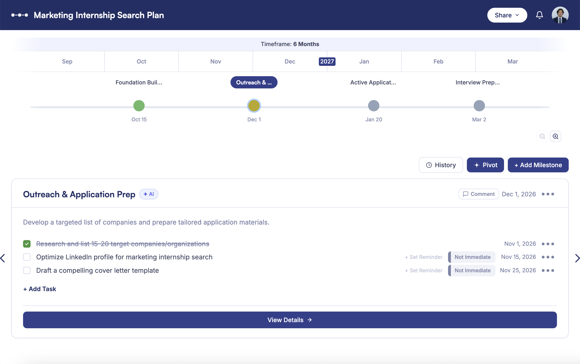 TimeLine document and milestone view
